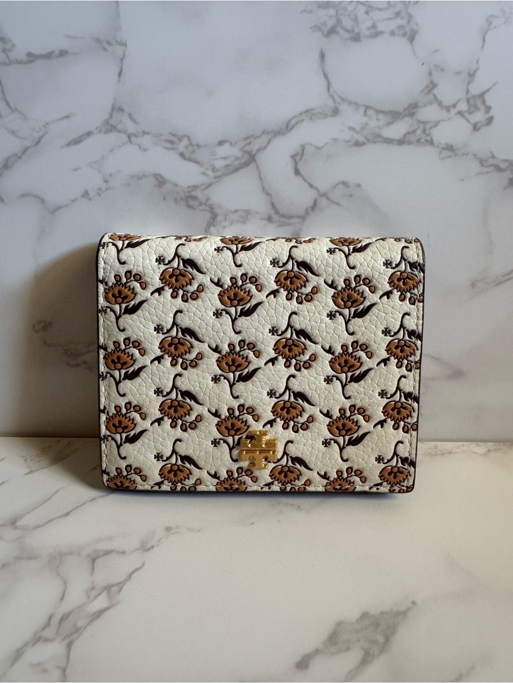 Tory Burch Floral Snap Cardholder With Gold “T” Logo and ID Window